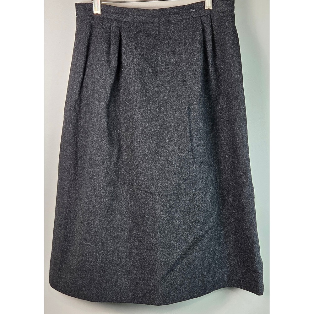 Vintage Pure Wool Midi Skirt Women Size 14 Charcoal Gray Excellent Pleated Work